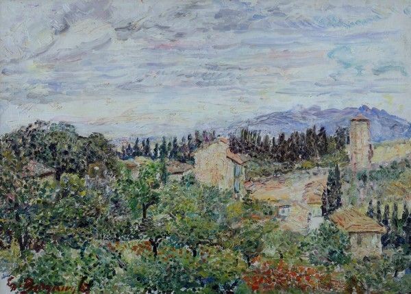 Guido Borgianni : Paesaggio  (1956)  - Olio su cartone - Asta Antiquariato - mobili, dipinti e oggetti di arredo - I - Galleria Pananti Casa d'Aste