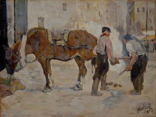 Silvio Bicchi : I maniscalchi  (1937)  - Olio su tavola - Auction Antiquariato - mobili, dipinti e oggetti di arredo - I - Galleria Pananti Casa d'Aste