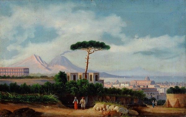 Anonimo, XIX sec. - Paesaggio napoletano con veduta del Vesuvio