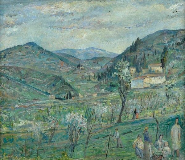 Giuseppe Piombanti : Paesaggio  (1929)  - Olio su tavola - Auction Antiquariato - mobili, dipinti e oggetti di arredo - I - Galleria Pananti Casa d'Aste