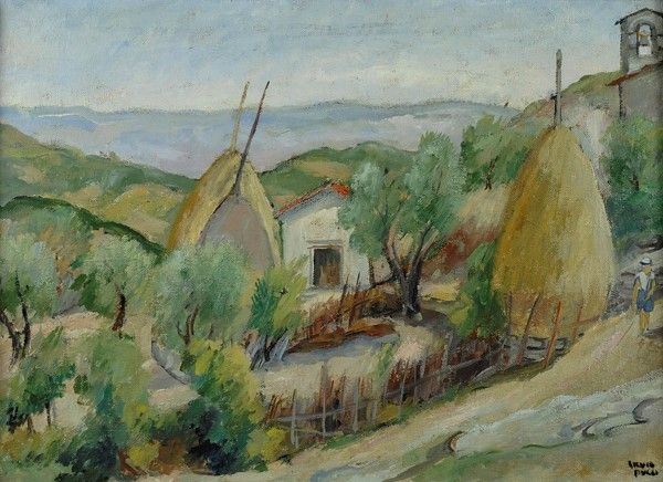 Silvio Pucci : Campagna con pagliai  - Olio su tela - Asta Antiquariato - mobili, dipinti e oggetti di arredo - I - Galleria Pananti Casa d'Aste