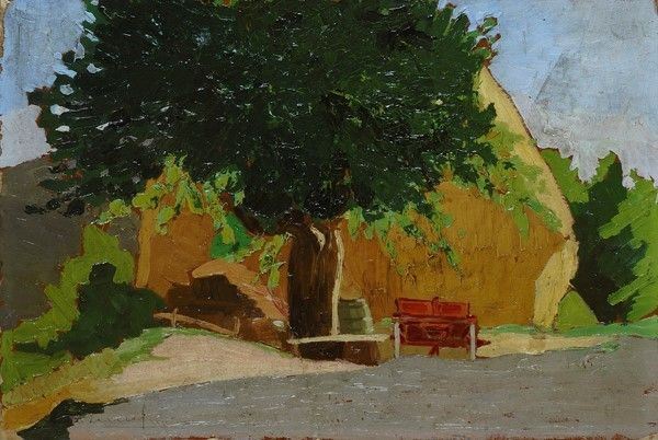 Giovanni Zangrando : Campagna in estate  (1925)  - Olio su cartone - Asta STORART: Dipinti, oggetti, arredi dal XVII al XX sec. - II - Galleria Pananti Casa d'Aste