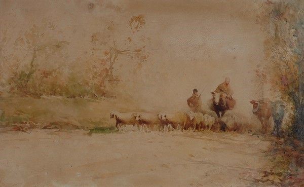 Paolo Sala : Gregge con pastori  - Acquerello su carta - Asta Autori del XIX e XX sec. - I - Galleria Pananti Casa d'Aste