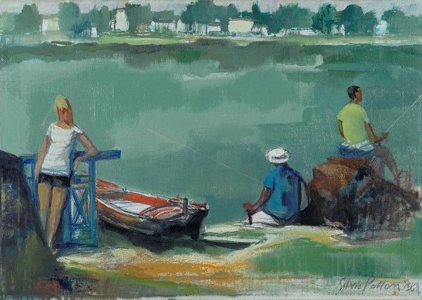 Silvio Polloni : Pescatori sul fiume  (1963)  - Olio su tela - Asta AUTORI DEL XX SEC - Galleria Pananti Casa d'Aste