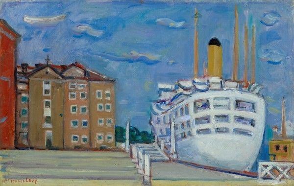 Moses Levy : Nave al porto  (1955)  - Olio su tela riportata su cartone - Asta Autori del XIX e XX sec. - I - Galleria Pananti Casa d'Aste