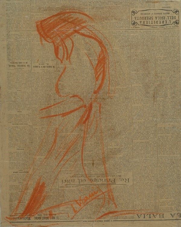 Lorenzo Viani : Contadina  - Carboncino su carta (di giornale) - Asta Arte Moderna e Contemporanea - III - Galleria Pananti Casa d'Aste