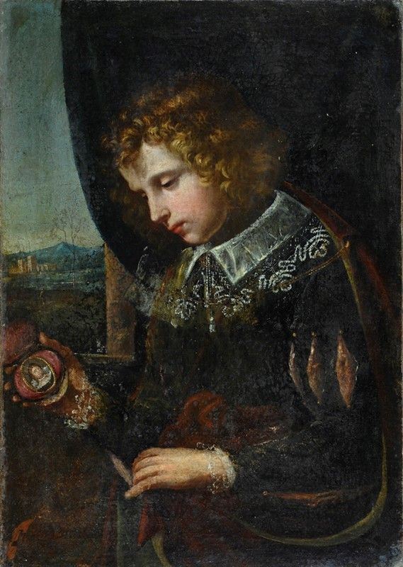 Scuola Fiorentina, XVII sec.,Scuola Toscana, XVII sec. - Giovane con miniatura