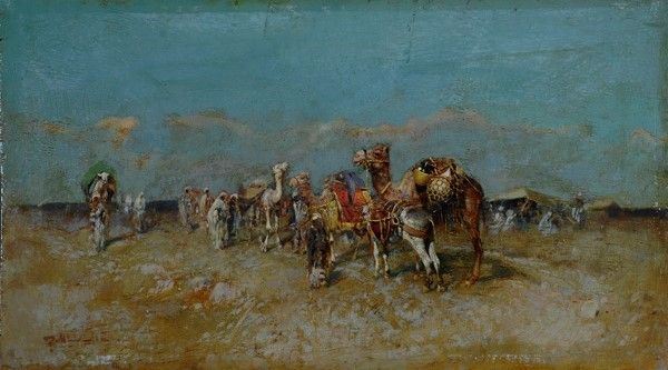 Tito Pellicciotti : Sosta di cammelli  - Olio su compensato - Asta Autori del XIX e XX sec. - I - Galleria Pananti Casa d'Aste