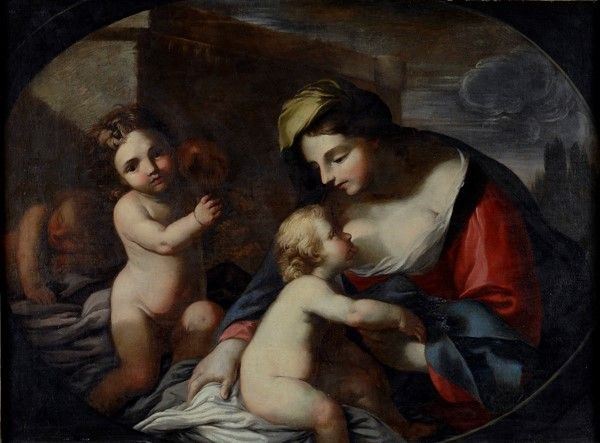 Scuola Emiliana, XVII sec. : La Madonna del latte  - Olio su tela - Asta STORART: Dipinti, oggetti, arredi dal XVII al XX sec. - II - Galleria Pananti Casa d'Aste