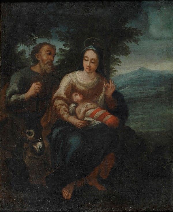Anonimo, XVIII sec. : Fuga in Egitto  - Olio su tela - Asta STORART: Dipinti, oggetti, arredi dal XVII al XX sec. - II - Galleria Pananti Casa d'Aste