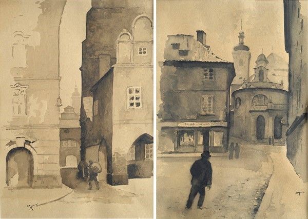 Attr. a Oskar Kokoschka - Due scorci di Praga