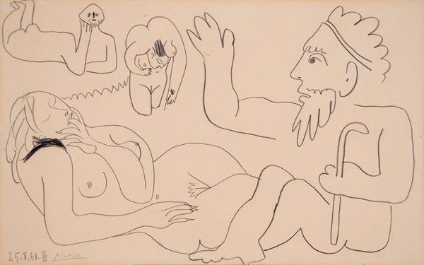 Pablo Picasso : Dejeneur  (1961)  - Matita su carta riportata su tela - Asta Autori del XIX e XX sec. - I - Galleria Pananti Casa d'Aste
