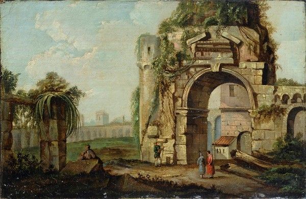 Anonimo, XIX sec. - Paesaggio con rovine e figure