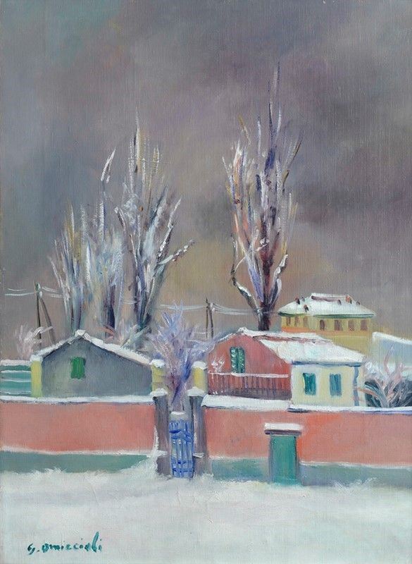 Giovanni Omiccioli : Case con neve  - Olio su tela - Auction STORART: Dipinti, oggetti, arredi dal XVII al XX sec. - II - Galleria Pananti Casa d'Aste