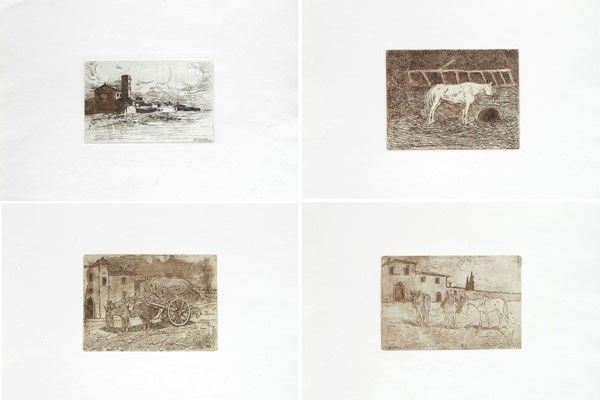 Giovanni Bartolena - Paesaggio con chiesa, Cavallo alla mangiatoia, Asini al barroccio, Somarelli