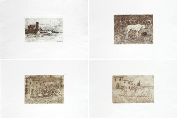 Giovanni Bartolena - Paesaggio con Chiesa, Cavallo alla Mangiatoia, Asini al Barroccio, Somarelli