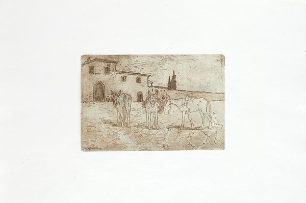 Giovanni Bartolena - Paesaggio con Chiesa, Cavallo alla Mangiatoia, Asini al Barroccio, Somarelli