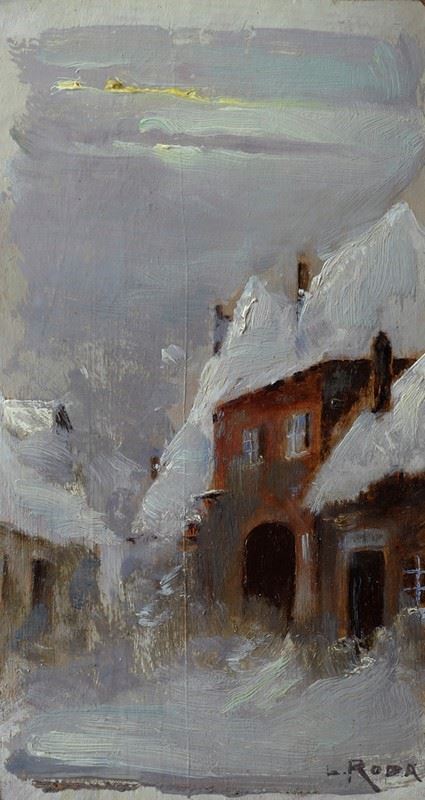 Leonardo Roda : Case sotto la neve  ((1900))  - Olio su tavola - Asta Autori del XIX e XX sec. - I - Galleria Pananti Casa d'Aste