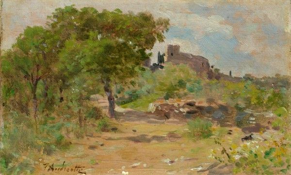 Federico Andreotti : Castello di Cennina  (1914)  - Olio su tavoletta - Auction Autori del XIX e XX sec. - I - Galleria Pananti Casa d'Aste