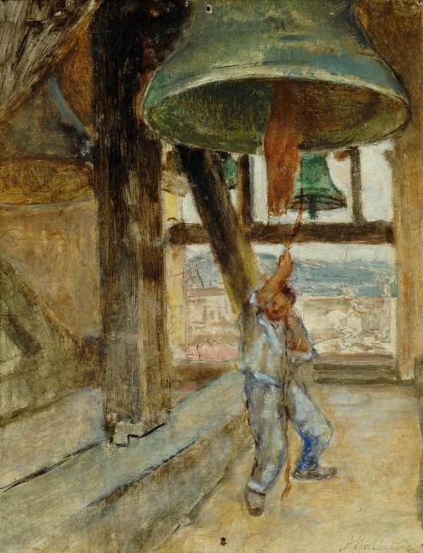 Alfonso Hollaender : Il campanaro  - Olio su cartone - Auction Autori del XIX e XX sec. - I - Galleria Pananti Casa d'Aste