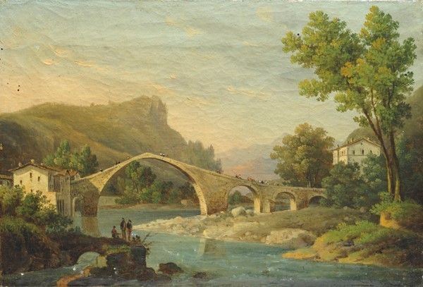 Carlo Mark&#242; : Paesaggio con ponte  - Olio su tela - Asta Autori del XIX e XX sec. - I - Galleria Pananti Casa d'Aste