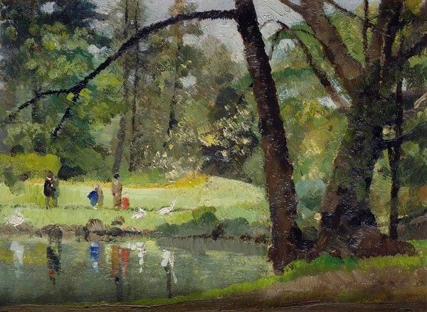 Alfonso Corradi - Paesaggio lacustre con figure
