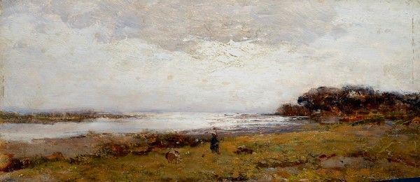 Anonimo, XIX sec. - Paesaggio con fiume e figura