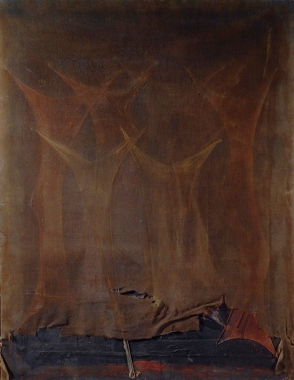 Franco Angeli : Senza titolo  (1960-62)  - Tecnica mista su tela con tulle - Asta Autori del XIX e XX sec. - I - Galleria Pananti Casa d'Aste