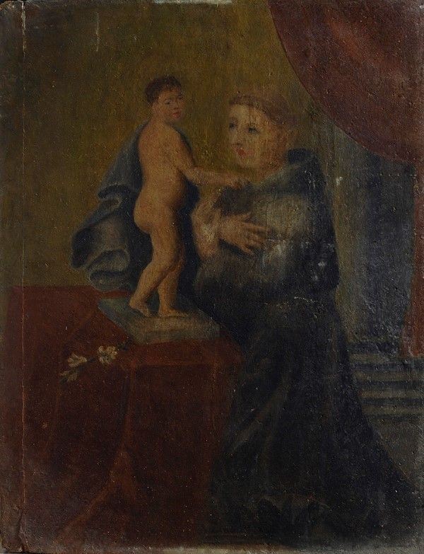 Anonimo, XVIII sec. : Sant'Antonio col Bambino  - Olio su tavola - Auction STORART: Dipinti, oggetti, arredi dal XVII al XX sec. - II - Galleria Pananti Casa d'Aste