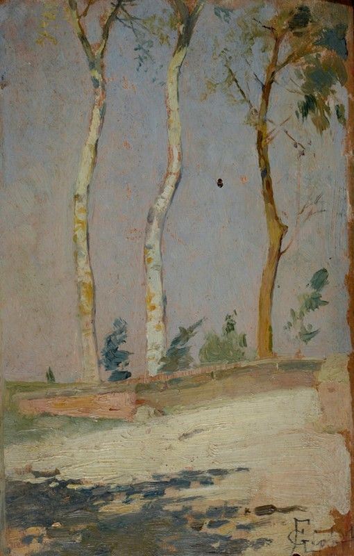 Francesco Gioli : Strada con alberi  - Olio su tavola - Asta Autori del XIX e XX sec. - I - Galleria Pananti Casa d'Aste