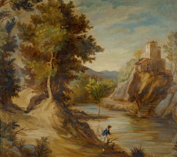 Anonimo, XIX - XX Sec. - Paesaggio con Lago e Pescatore