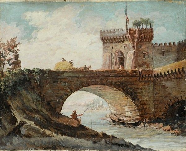 Anonimo, XIX sec. - Paesaggio con ponte