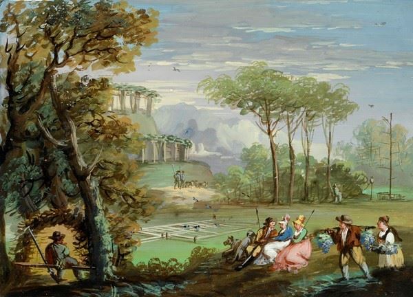 Scuola Italia Centrale, inizi XIX sec. : Paesaggio con figure  - Tempera su carta - Auction ANTIQUES - Galleria Pananti Casa d'Aste