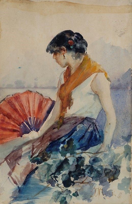 Scuola Veneta, XIX sec. - Ragazza con ventaglio