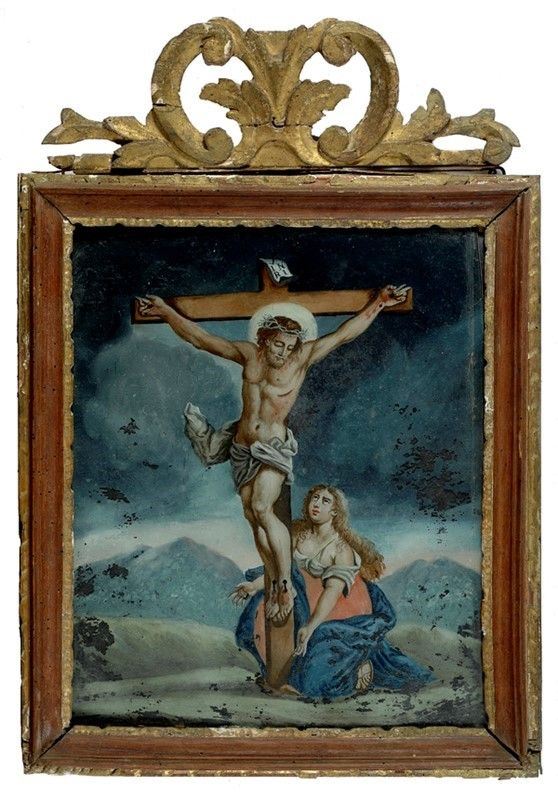Scuola Italia Settentrionale, fine XVII - inizio XVIII sec. : Cristo crocifisso  - Olio su vetro - Auction ANTIQUES - Galleria Pananti Casa d'Aste