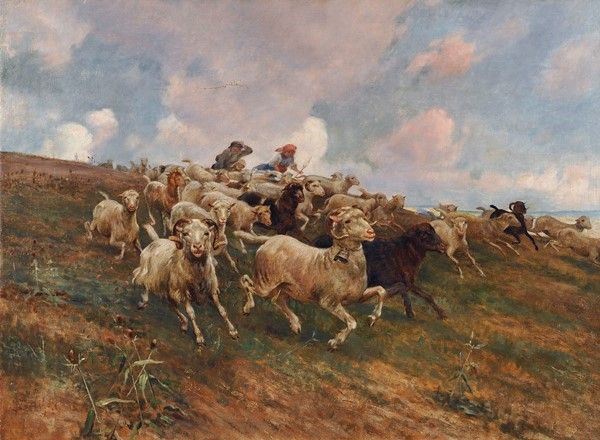 Attr. a Stefano Bruzzi : Il gregge  - Olio su tela - Asta Autori dell'800-900, Arte moderna e contemporanea - I - Galleria Pananti Casa d'Aste