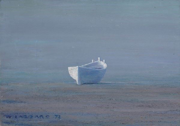 Walter Lazzaro : Barca bianca  (1972)  - Olio su cartone telato - Asta Autori del XIX e XX sec. - I - Galleria Pananti Casa d'Aste