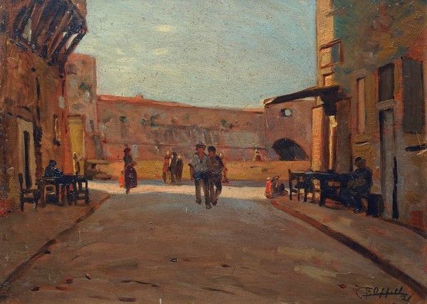 Cafiero Filippelli : Nei pressi del porto  (1921)  - Olio su tavola - Asta Autori del XIX e XX sec. - I - Galleria Pananti Casa d'Aste