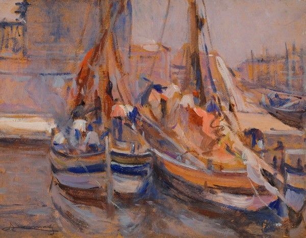 Ludovico Tommasi : Barche in porto  ((1912-15))  - Olio su cartone - Asta Autori del XIX e XX sec. - Galleria Pananti Casa d'Aste