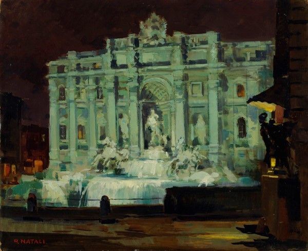 Renato Natali : Roma (Fontana di Trevi)  - Olio su faesite - Asta Autori del XIX e XX sec. - I - Galleria Pananti Casa d'Aste