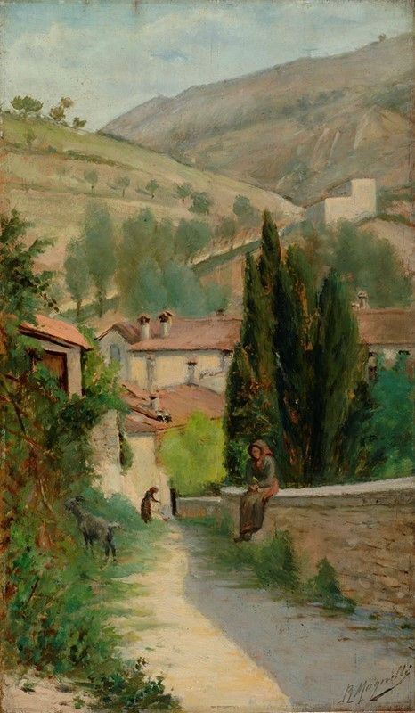 R. Magnelli : Rocca San Casciano  (1893)  - Olio su tavola - Asta Autori del XIX e XX sec. - I - Galleria Pananti Casa d'Aste