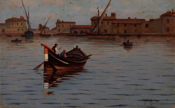 Ugo Manaresi : Barche di pescatori a Livorno  - Olio su tavola - Auction Autori del XIX e XX sec. - I - Galleria Pananti Casa d'Aste