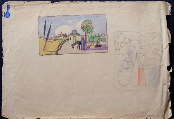 Enrico Bettarini : Rest on the Flight into Egypt and sketch  - Watercolor on paper - Auction MODERN ART - Galleria Pananti Casa d'Aste