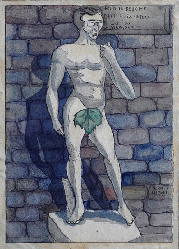 Beppe Rigni : Here is the reason for the exemption  (1918)  - Watercolor on paper - Auction MODERN ART - Galleria Pananti Casa d'Aste