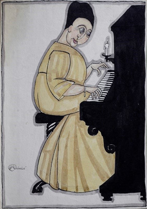 Paolo Delestr&#232; : The Pianist  - Watercolor and ink on paper - Auction MODERN ART - Galleria Pananti Casa d'Aste