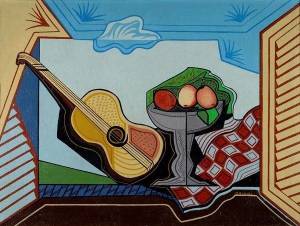 Pippo Oriani : Fruttiera e chitarra  (anni '50/'60)  - Olio su tela - Asta Autori del XIX e XX sec. - I - Galleria Pananti Casa d'Aste