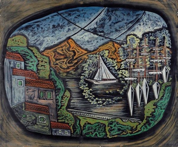 Pippo Oriani : Souvenir de Cup d'Antibes  (anni '60)  - Tecnica mista su cartone - Asta ARTE MODERNA E CONTEMPORANEA - Galleria Pananti Casa d'Aste