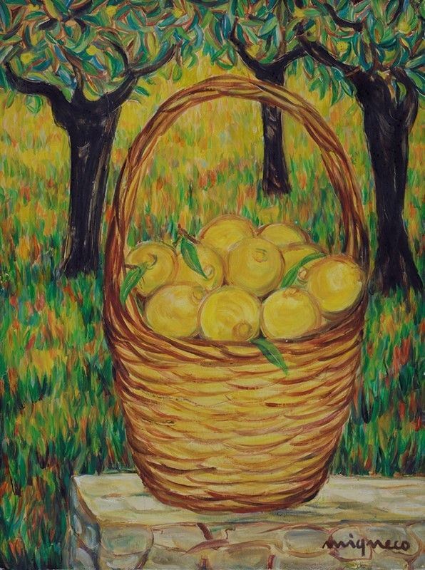 Giuseppe Migneco : Cesto con limoni  - Olio su tela - Asta Autori del XIX e XX sec. - I - Galleria Pananti Casa d'Aste