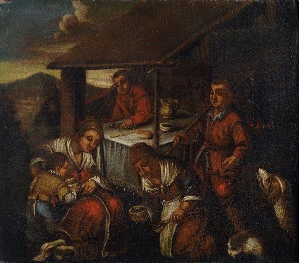 Scuola Veneta, inizi XVII sec. : Scena di genere  - Olio su tela - Asta Arte orientale - I - Galleria Pananti Casa d'Aste