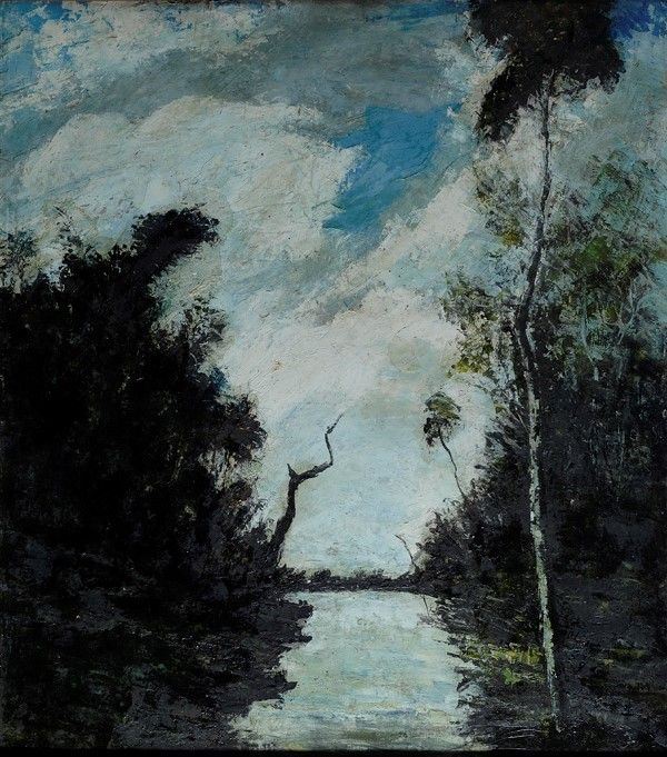 Anonimo, XX sec. : Paesaggio fluviale  - Olio su cartone - Auction Arte orientale - I - Galleria Pananti Casa d'Aste